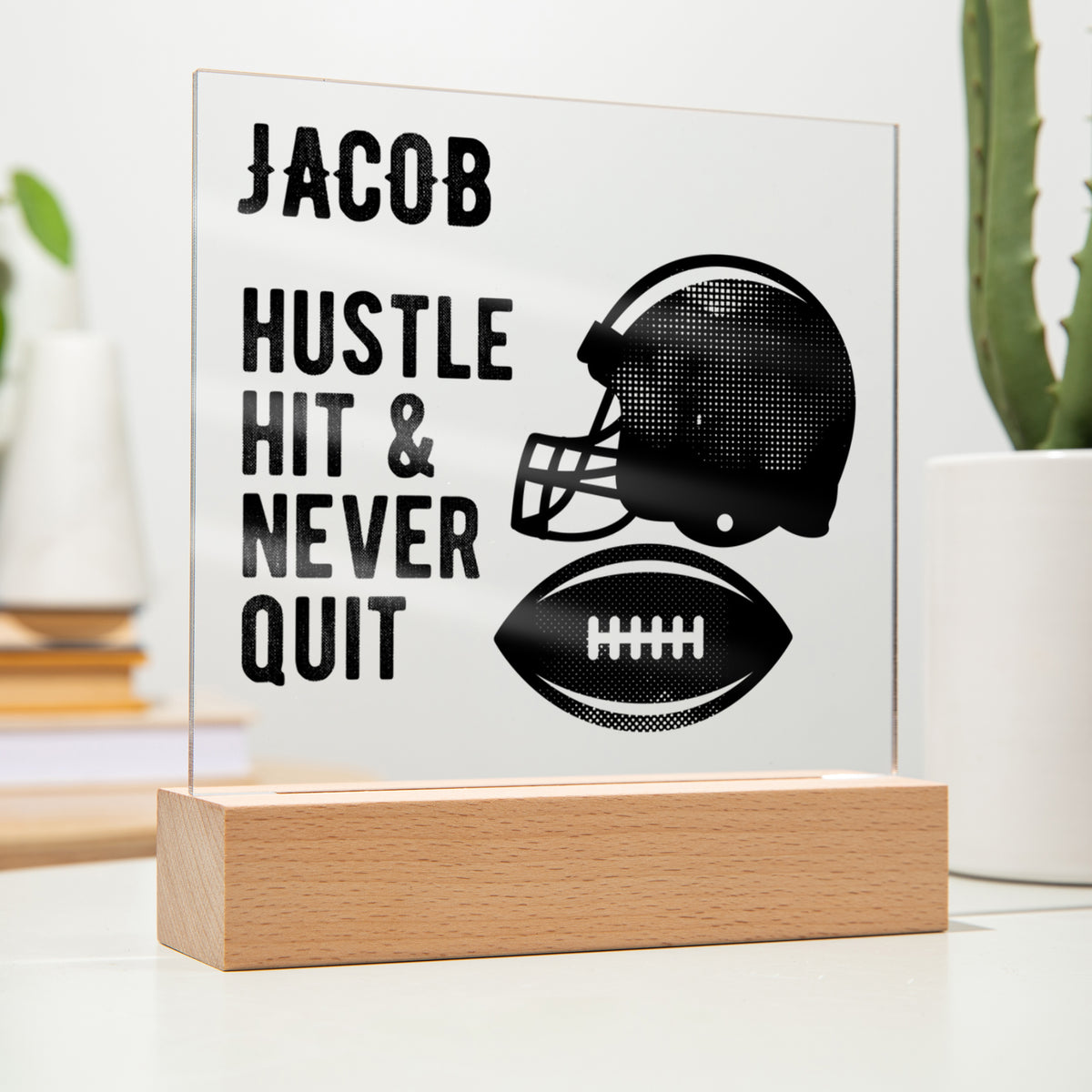 Personalized Football Hustle Hit Never Quit Acrylic Plaque LED Lamp