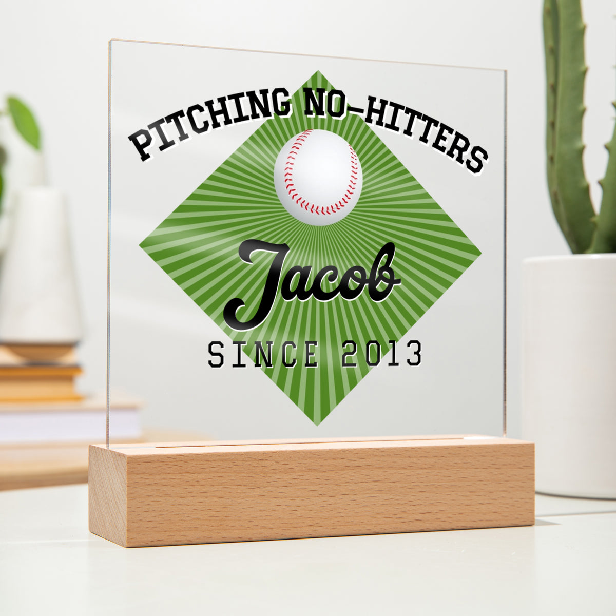 Personalized Pitching No-Hitters Baseball Acrylic Plaque LED Lamp
