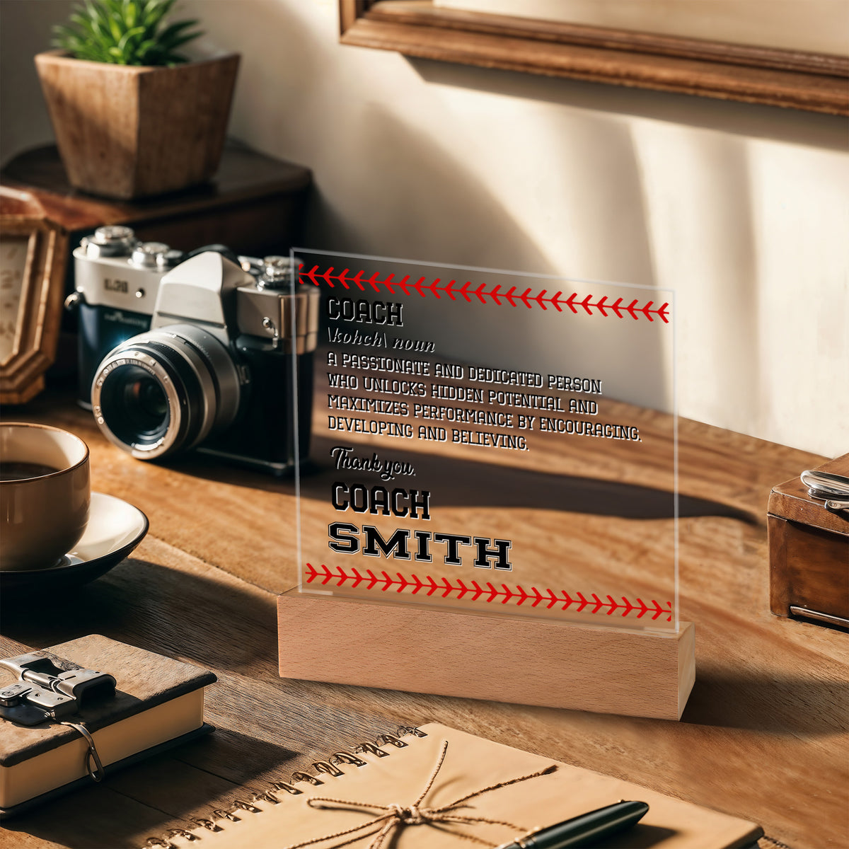 Personalized Coach Noun Baseball Acrylic Plaque LED Lamp