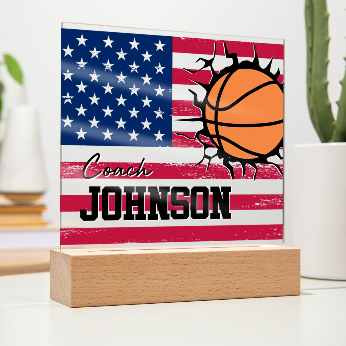 Personalized American Flag Basketball Coach Acrylic Plaque LED Lamp