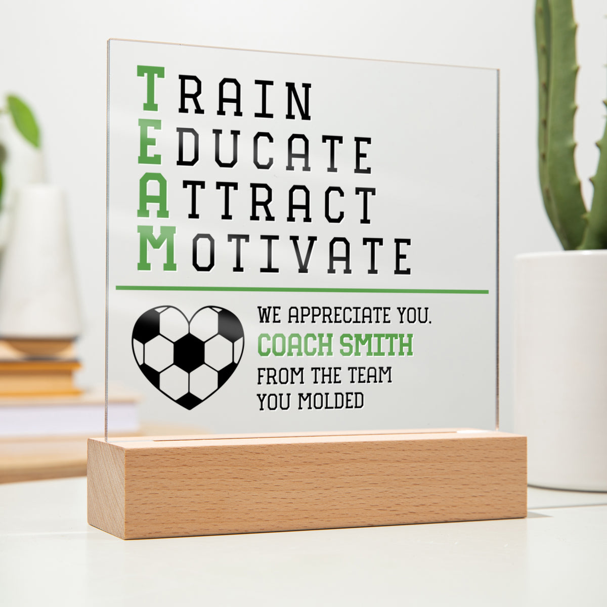 Personalized Train Educate Attract Motivate Soccer Coach Acrylic Plaque LED Lamp