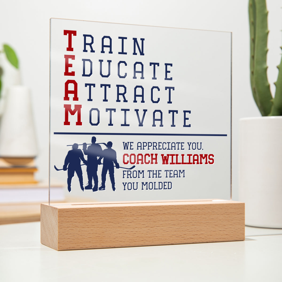 Personalized Train Educate Attract Motivate Hockey Coach Acrylic Plaque LED Lamp