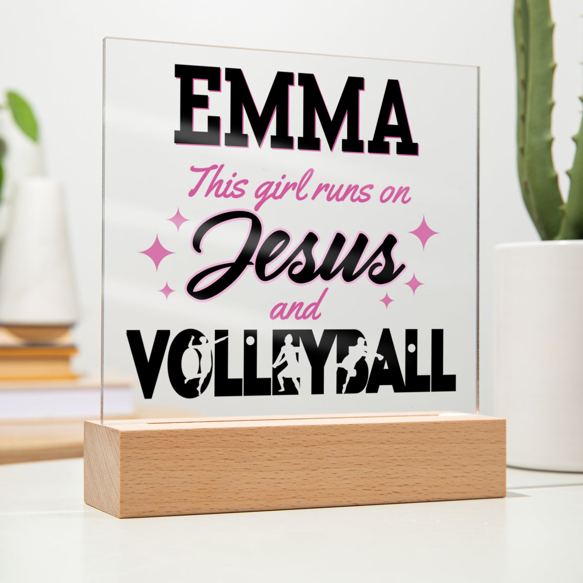 Personalized This Girl Runs On Jesus And Volleyball Acrylic Plaque LED Lamp