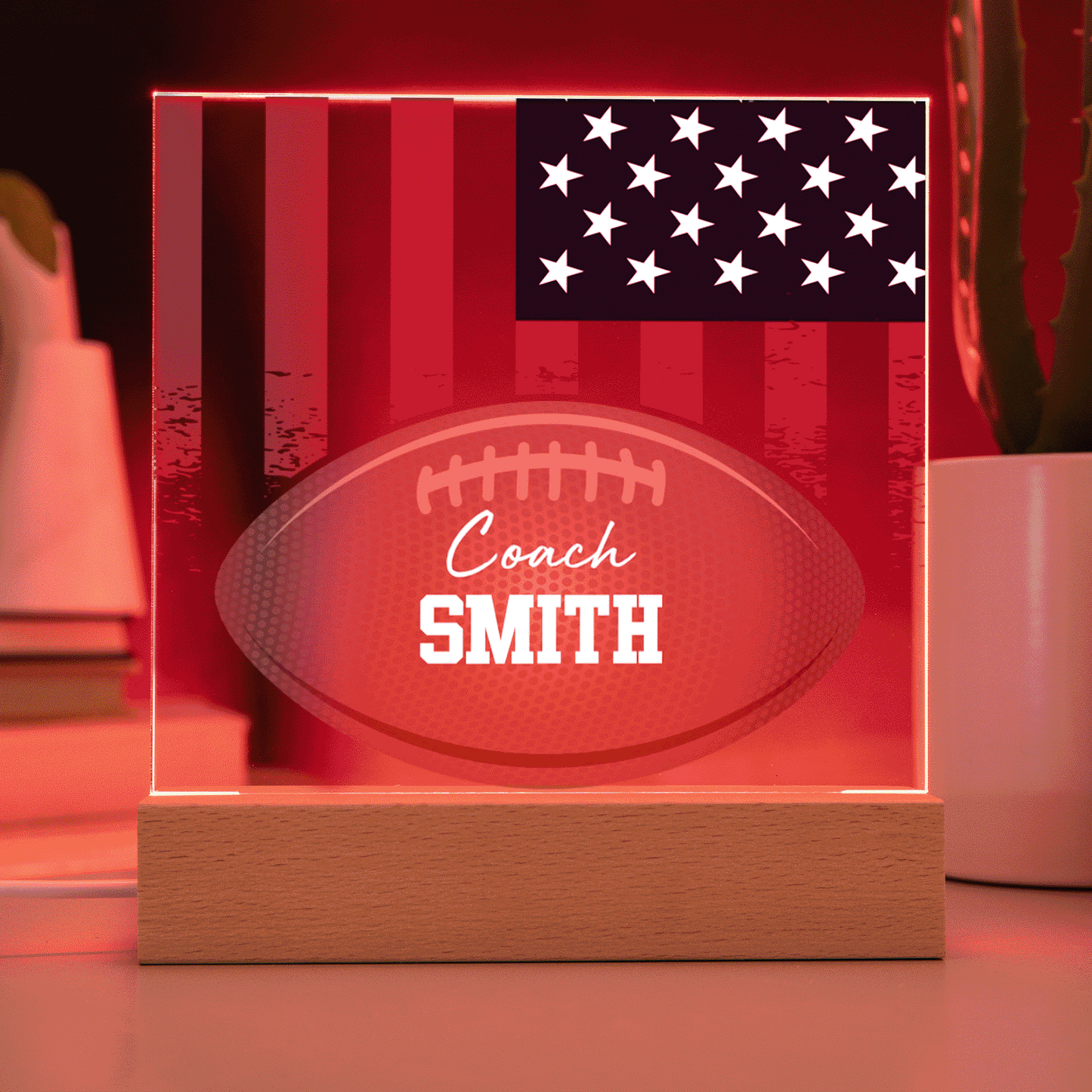 Personalized Football Coach American Flag Acrylic Plaque LED Lamp