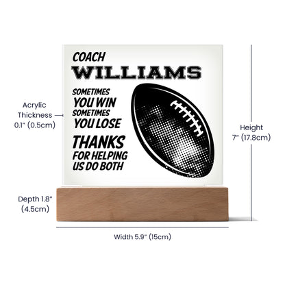 Personalized Football Coach Thanks Acrylic Plaque LED Lamp