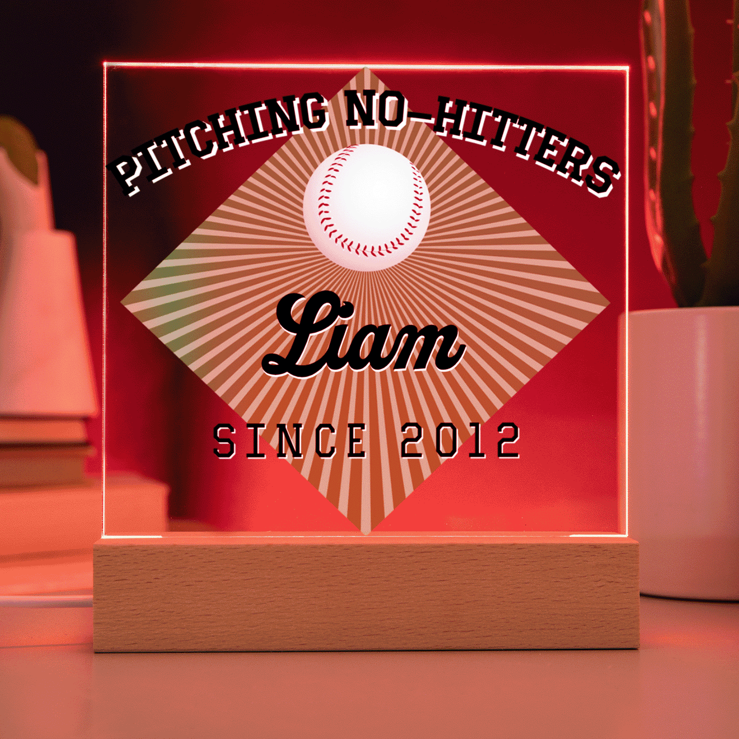 Personalized Pitching No-Hitters Baseball Acrylic Plaque LED Lamp