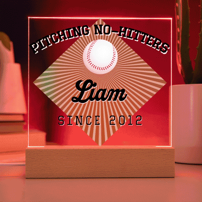 Personalized Pitching No-Hitters Baseball Acrylic Plaque LED Lamp