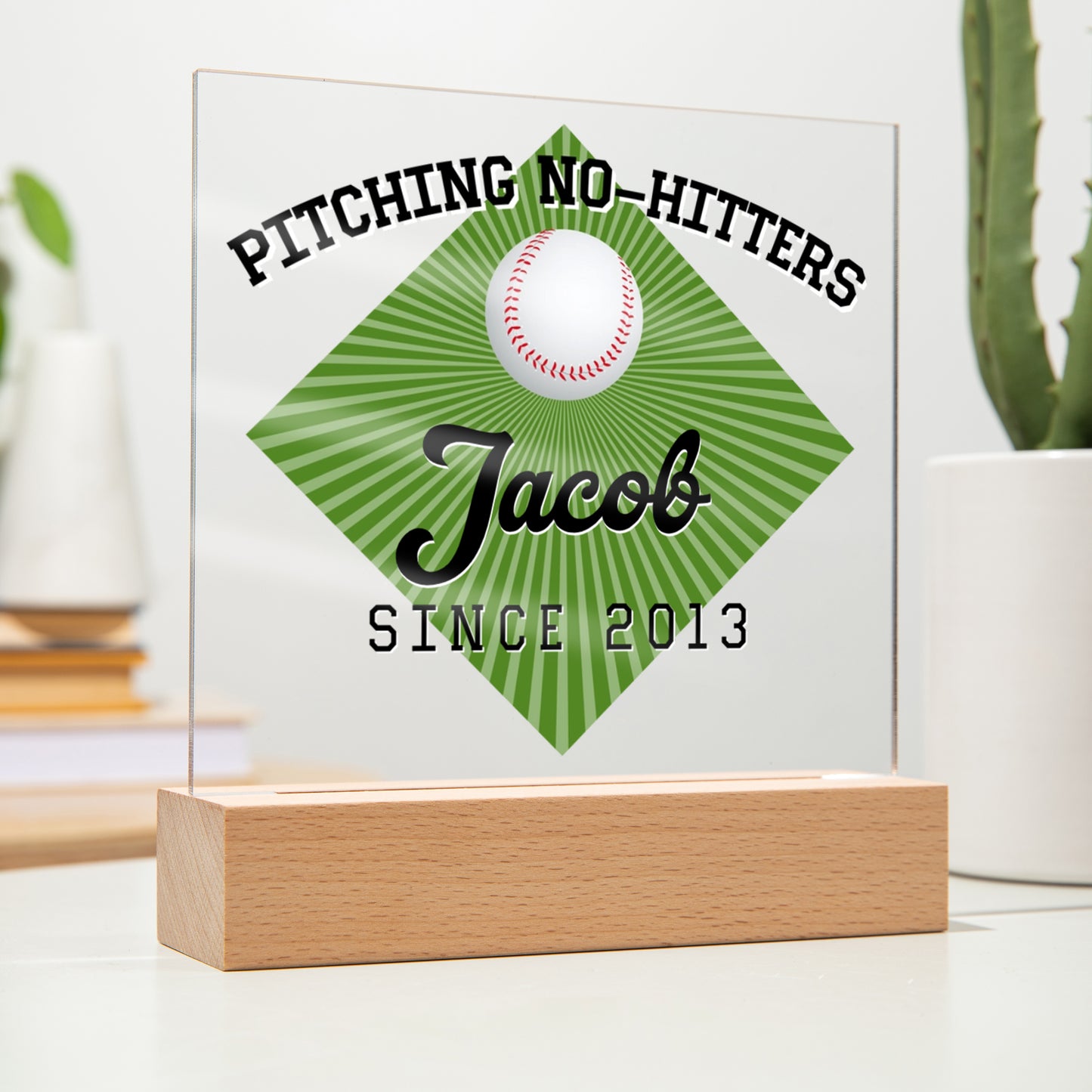 Personalized Pitching No-Hitters Baseball Acrylic Plaque LED Lamp
