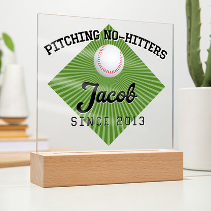 Personalized Pitching No-Hitters Baseball Acrylic Plaque LED Lamp