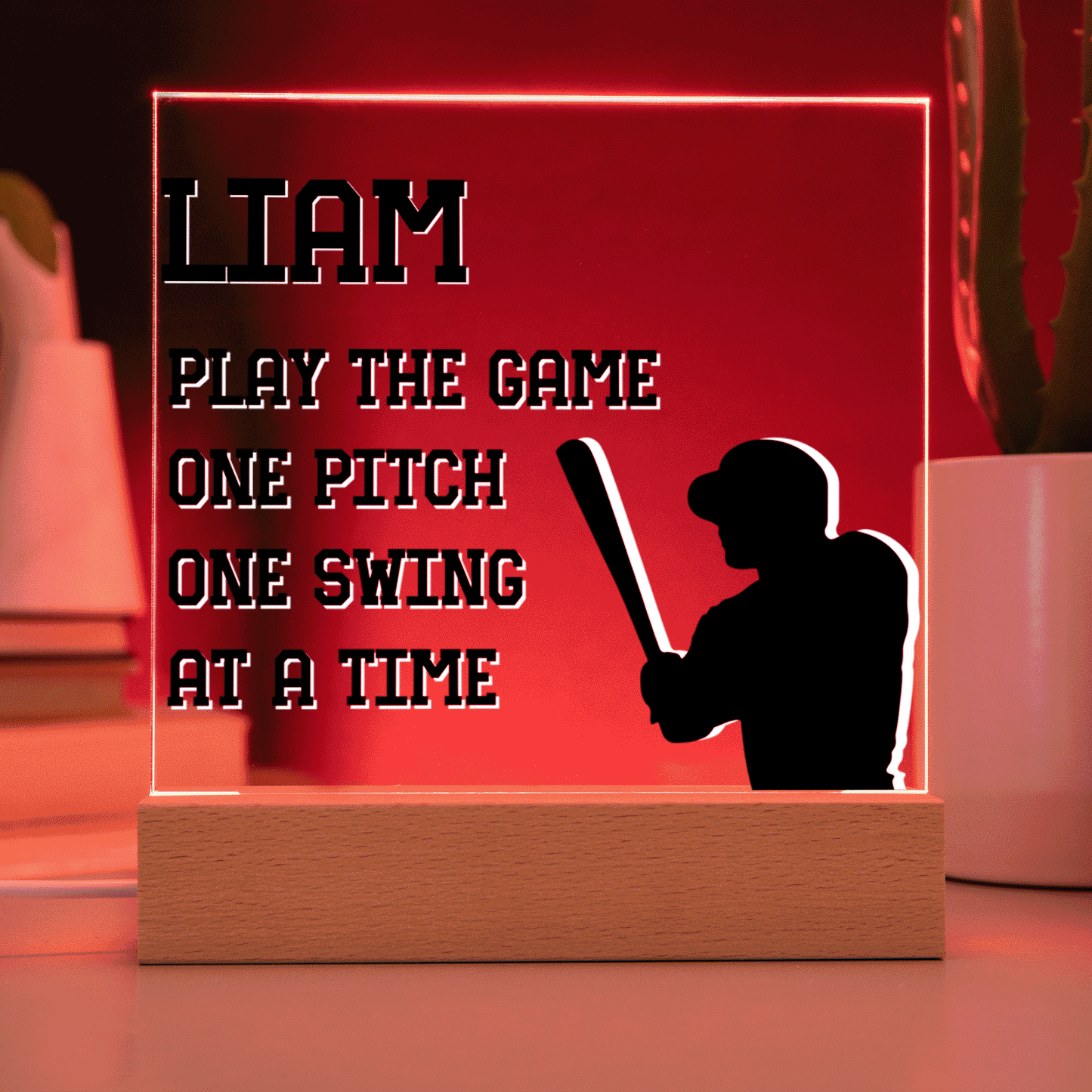 Personalized Play The Game One Pitch One Swing At A Time Baseball Acrylic Plaque LED Lamp