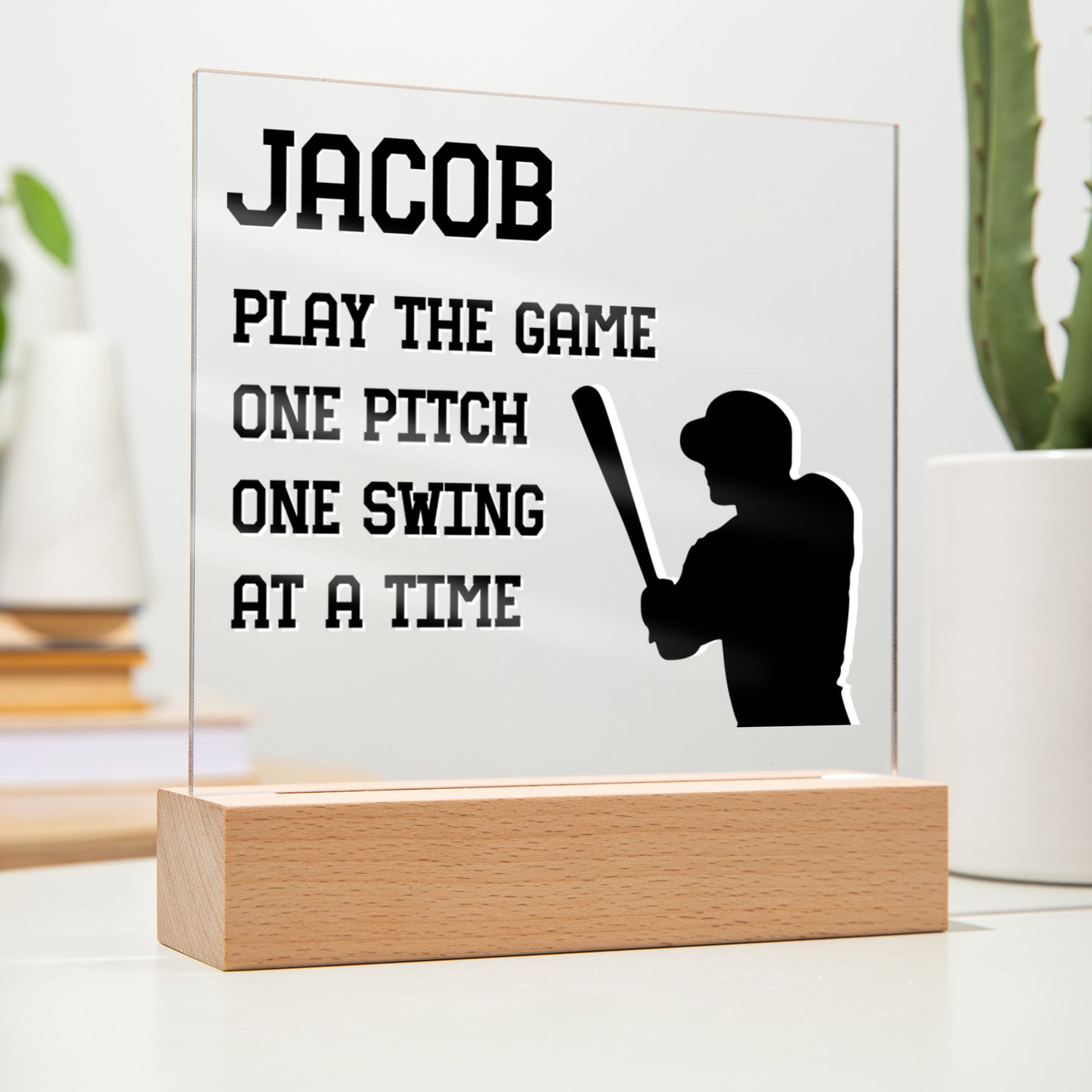 Personalized Play The Game One Pitch One Swing At A Time Baseball Acrylic Plaque LED Lamp