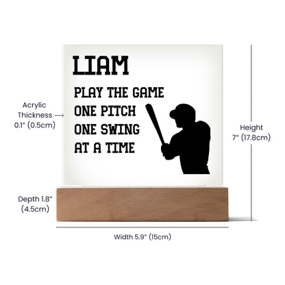 Personalized Play The Game One Pitch One Swing At A Time Baseball Acrylic Plaque LED Lamp