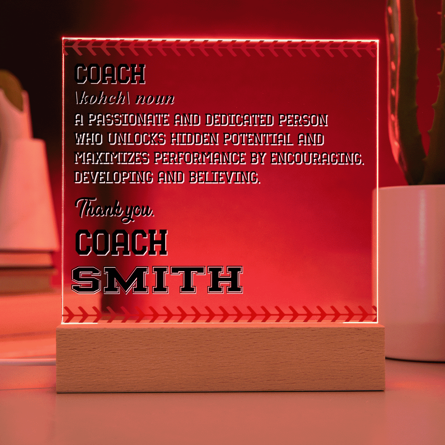 Personalized Coach Noun Baseball Acrylic Plaque LED Lamp
