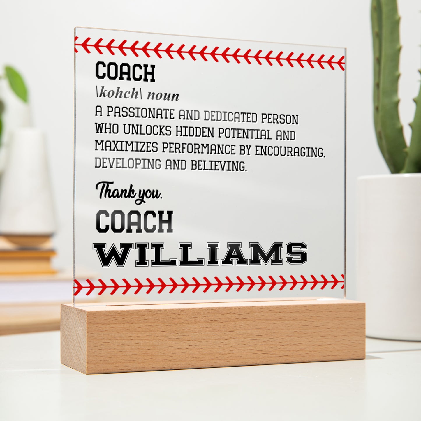Personalized Coach Noun Baseball Acrylic Plaque LED Lamp