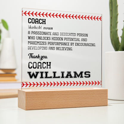 Personalized Coach Noun Baseball Acrylic Plaque LED Lamp