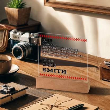 Personalized Coach Noun Baseball Acrylic Plaque LED Lamp