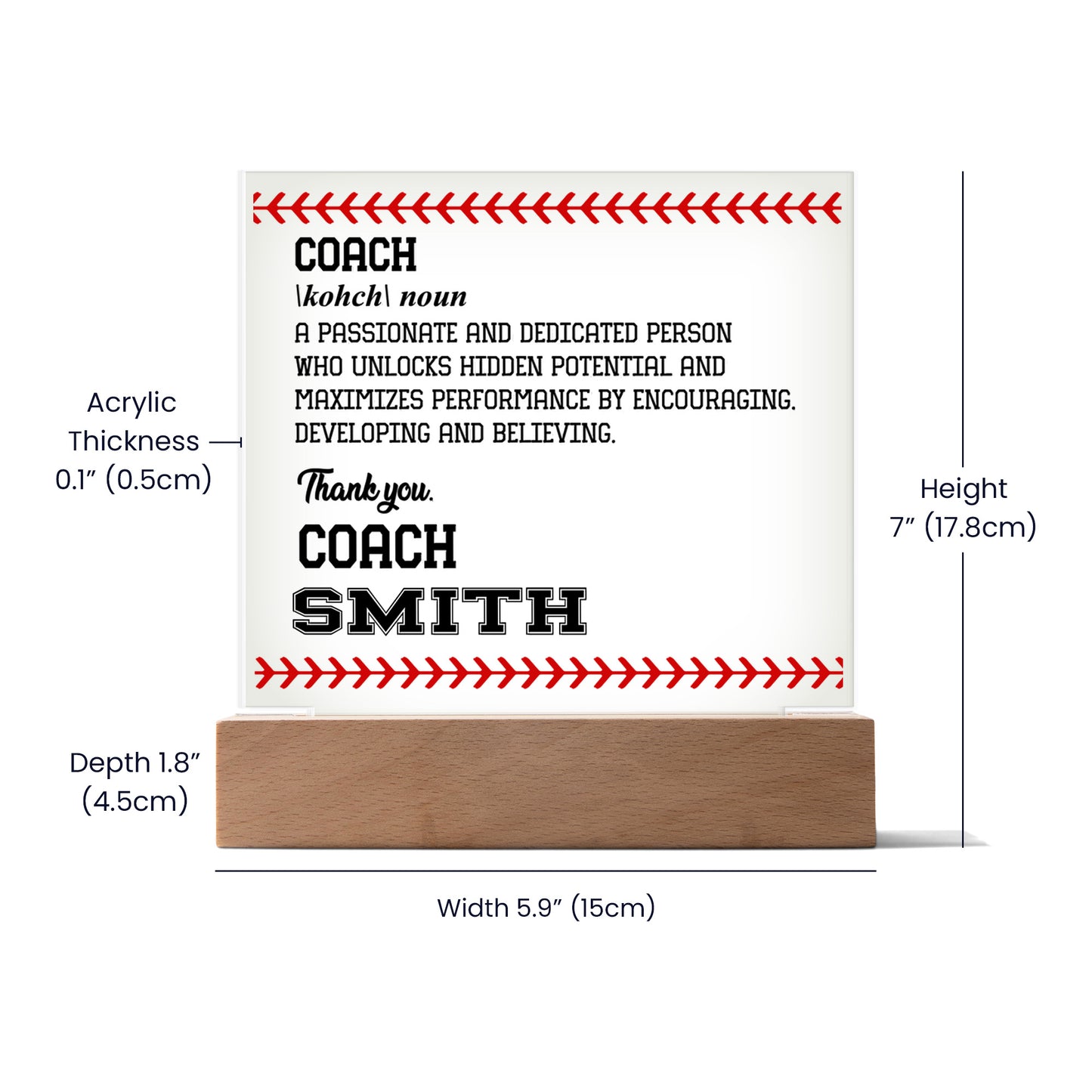 Personalized Coach Noun Baseball Acrylic Plaque LED Lamp