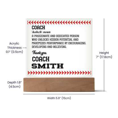 Personalized Coach Noun Baseball Acrylic Plaque LED Lamp