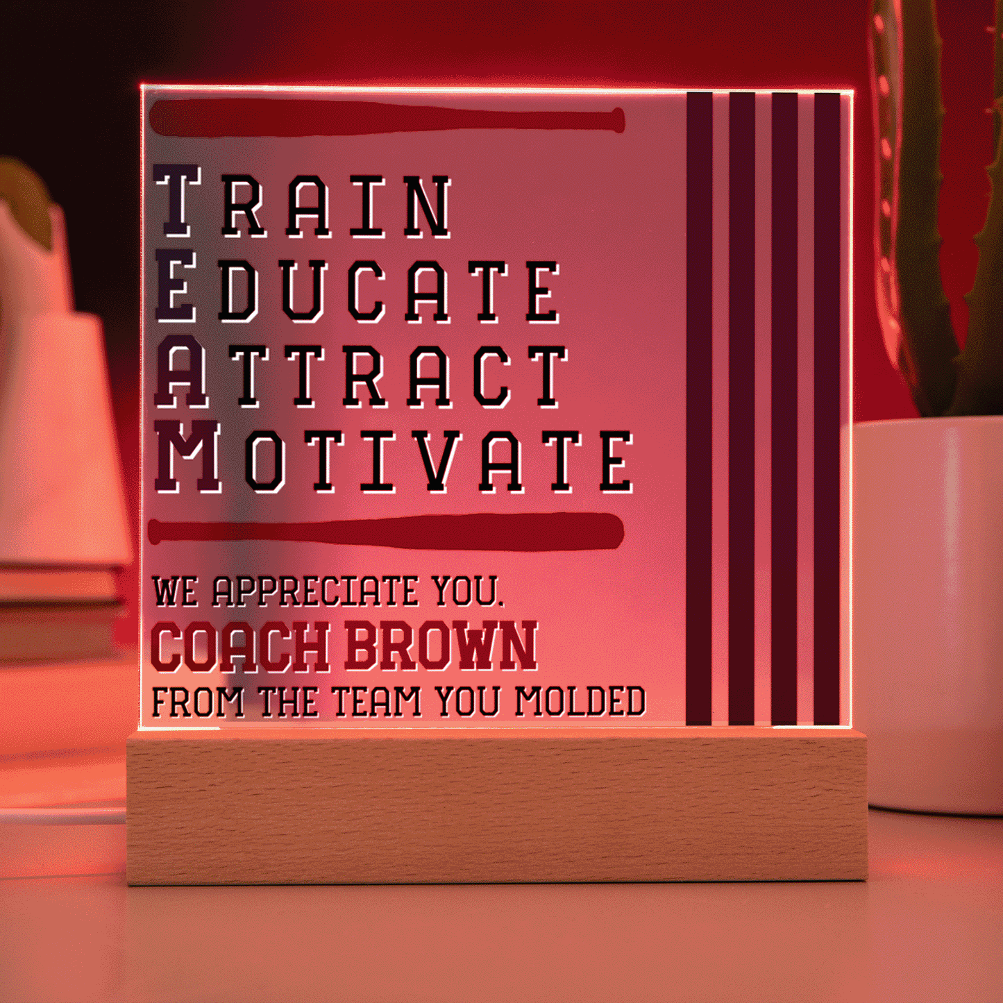 Personalized Train Educate Attract Motivate Baseball Acrylic Plaque LED Lamp