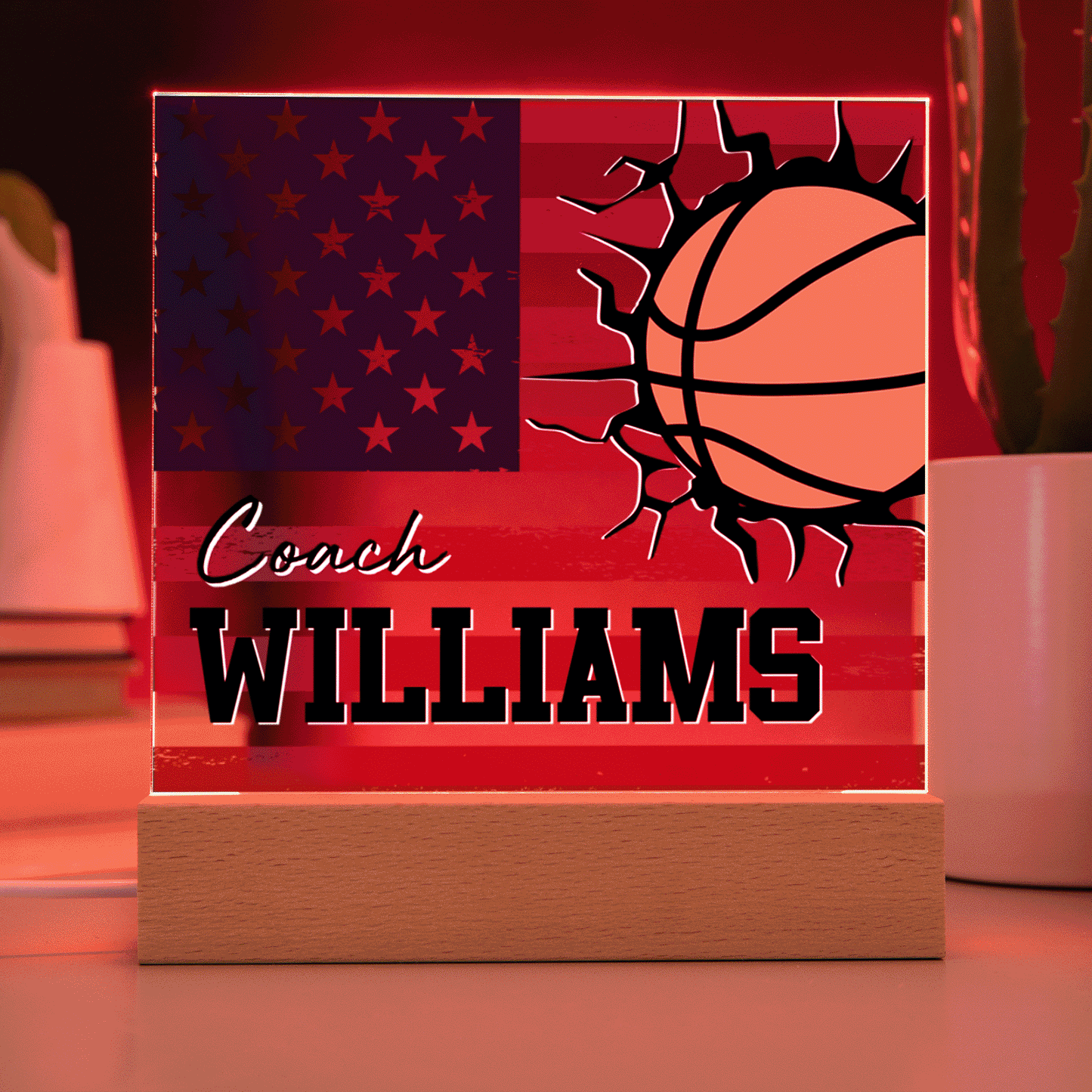 Personalized American Flag Basketball Coach Acrylic Plaque LED Lamp