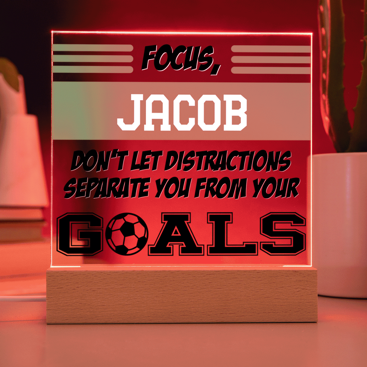 Personalized Focus Goals Soccer Acrylic Plaque LED Lamp