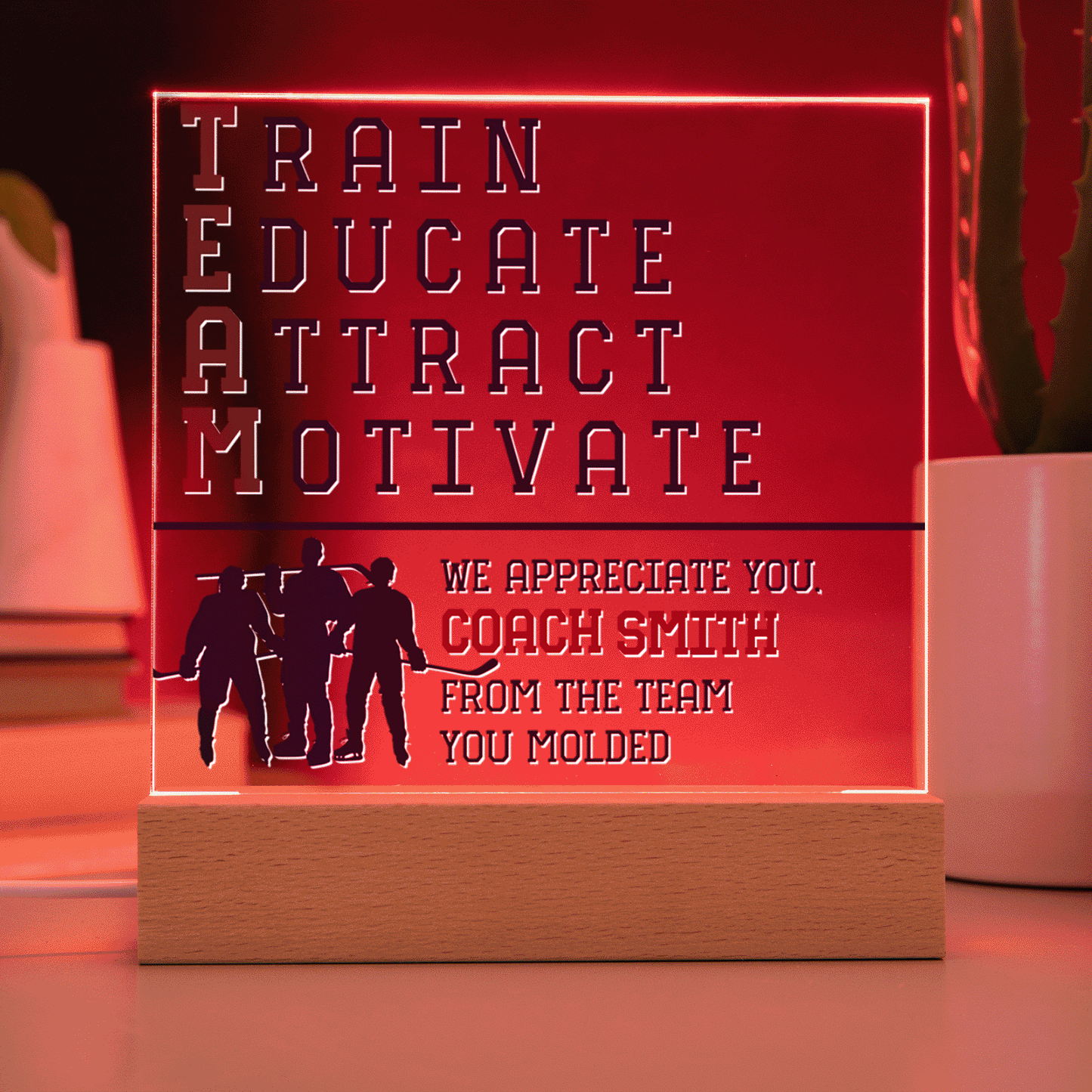 Personalized Train Educate Attract Motivate Hockey Coach Acrylic Plaque LED Lamp
