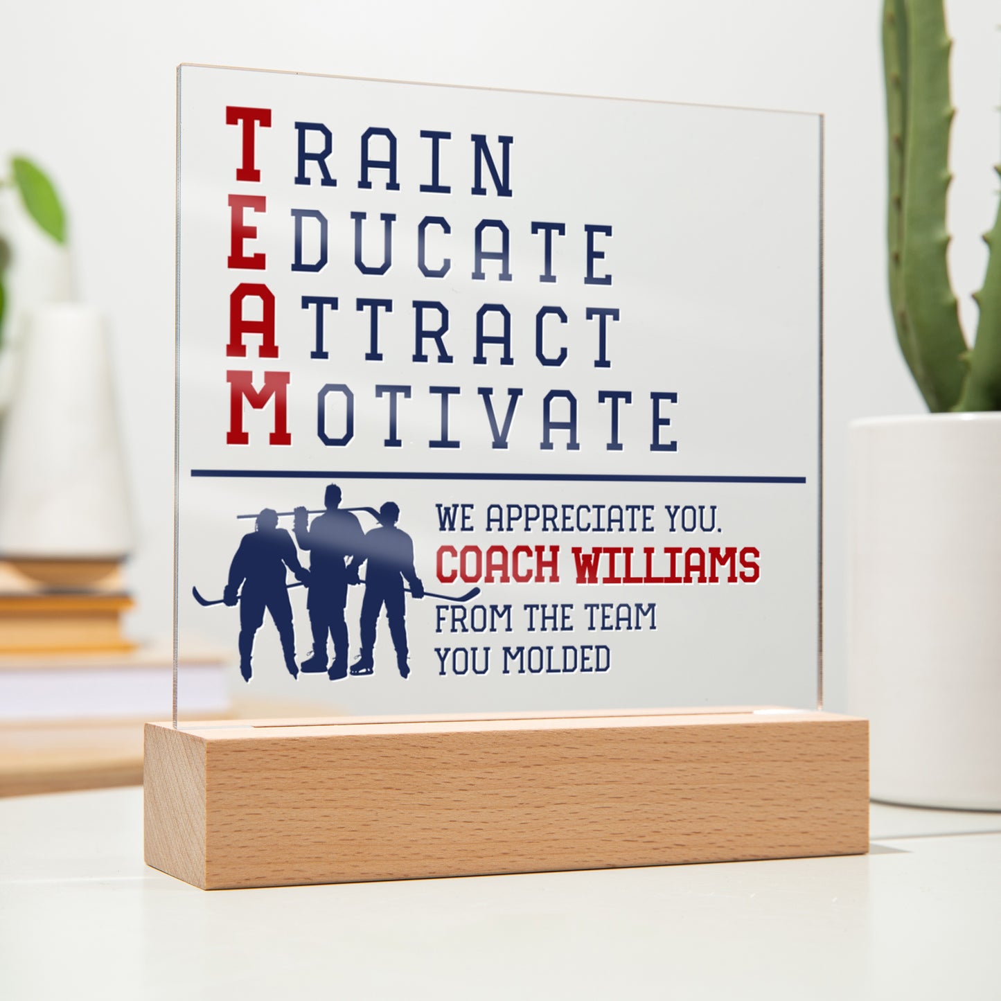 Personalized Train Educate Attract Motivate Hockey Coach Acrylic Plaque LED Lamp
