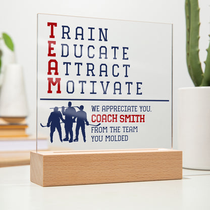 Personalized Train Educate Attract Motivate Hockey Coach Acrylic Plaque LED Lamp
