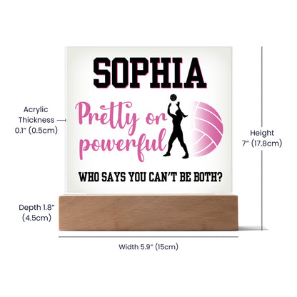 Personalized Pretty Or Powerful Volleyball Acrylic Plaque LED Lamp