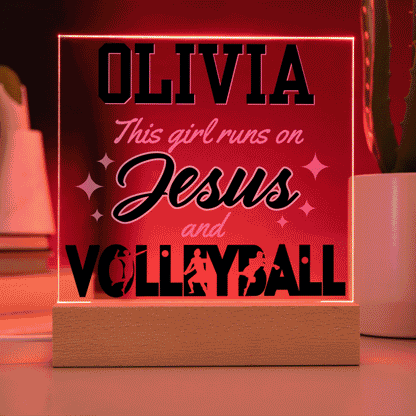 Personalized This Girl Runs On Jesus And Volleyball Acrylic Plaque LED Lamp