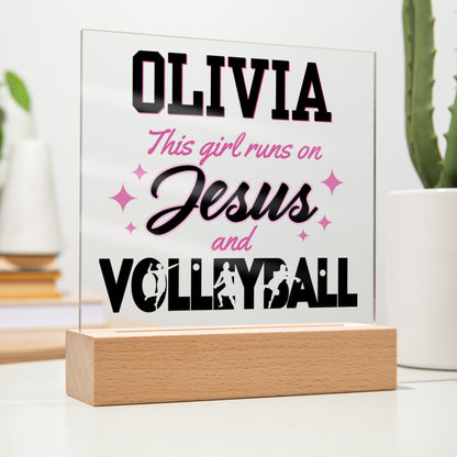 Personalized This Girl Runs On Jesus And Volleyball Acrylic Plaque LED Lamp