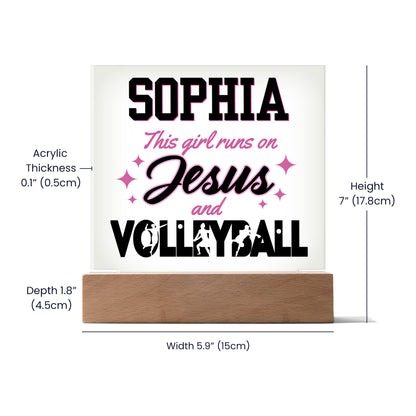 Personalized This Girl Runs On Jesus And Volleyball Acrylic Plaque LED Lamp