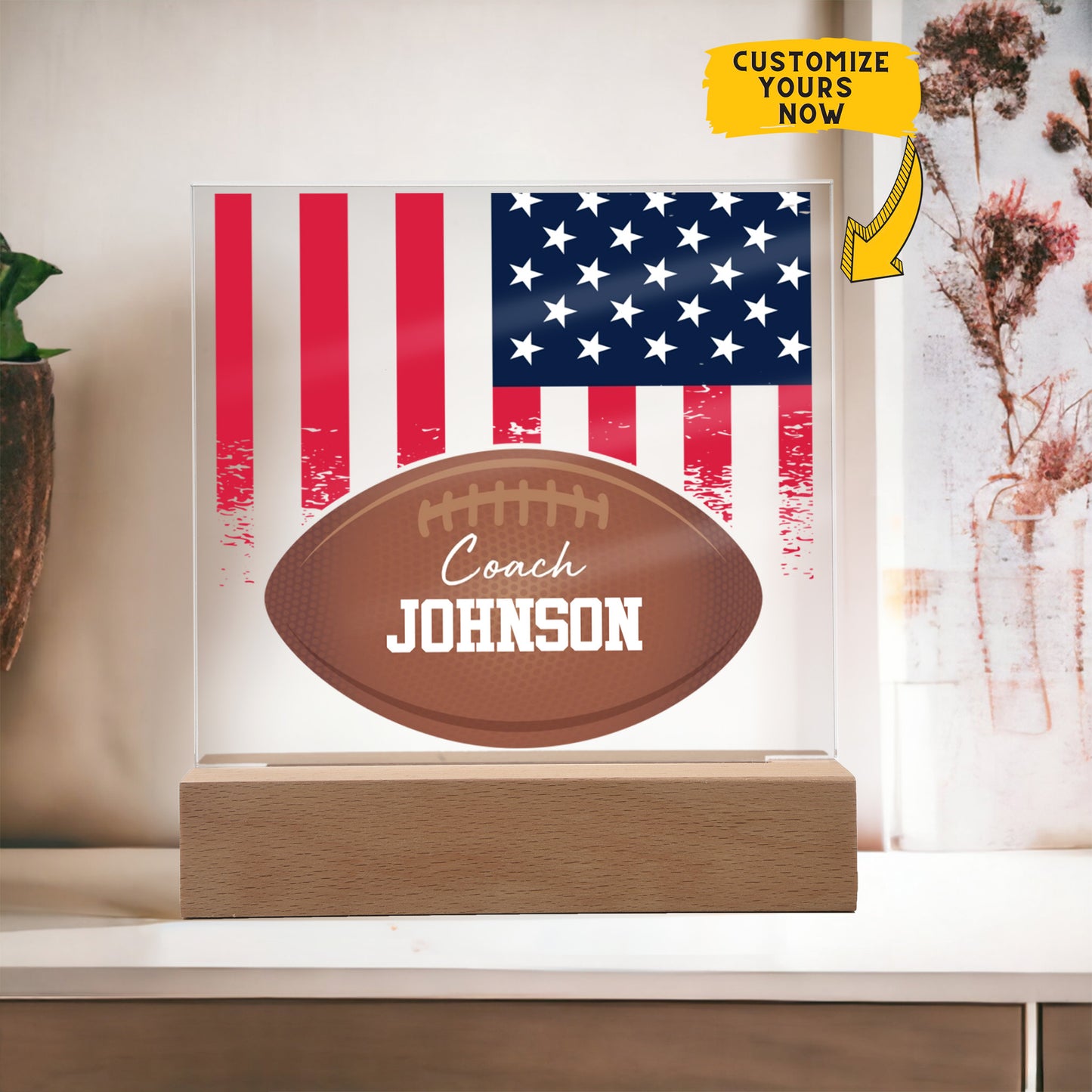 Personalized Football Coach American Flag Acrylic Plaque LED Lamp
