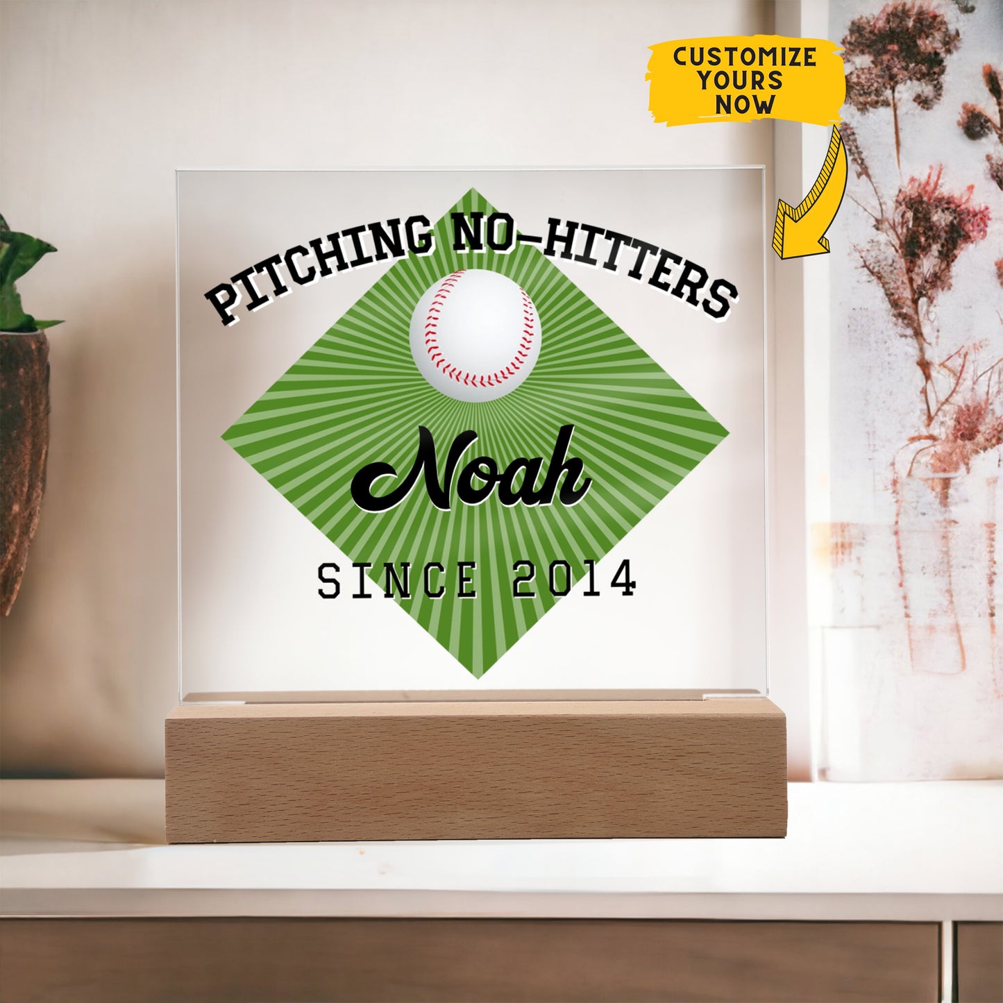 Personalized Pitching No-Hitters Baseball Acrylic Plaque LED Lamp