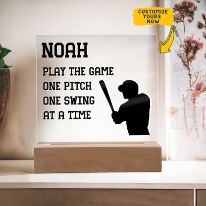 Personalized Play The Game One Pitch One Swing At A Time Baseball Acrylic Plaque LED Lamp