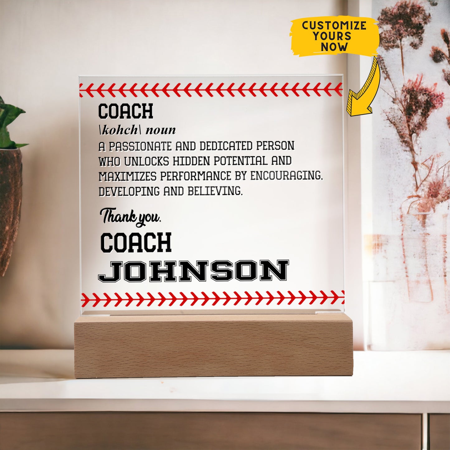 Personalized Coach Noun Baseball Acrylic Plaque LED Lamp