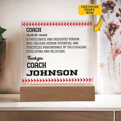 Personalized Coach Noun Baseball Acrylic Plaque LED Lamp