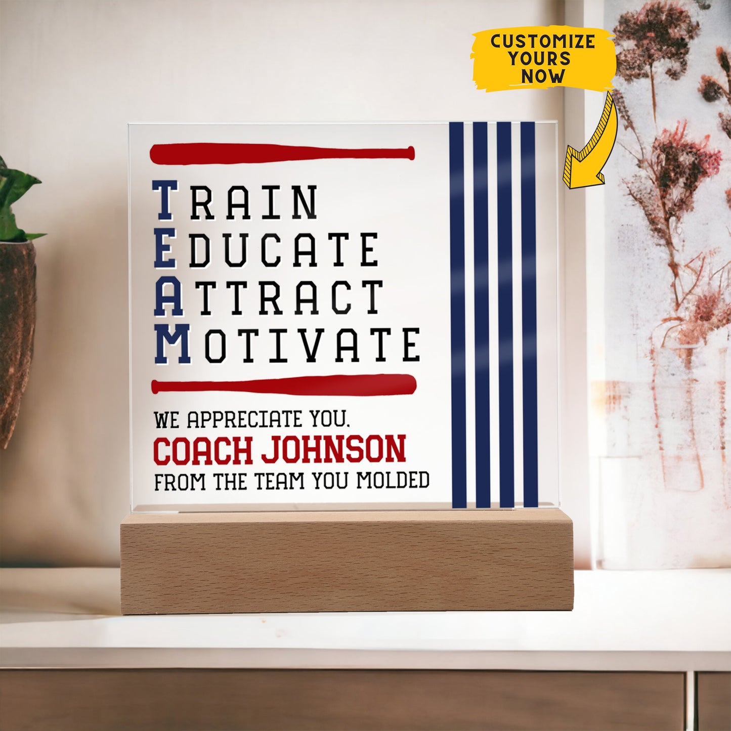 Personalized Train Educate Attract Motivate Baseball Acrylic Plaque LED Lamp