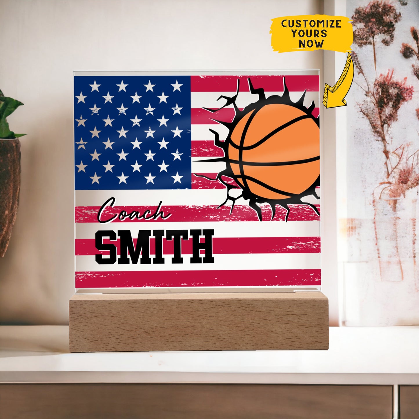 Personalized American Flag Basketball Coach Acrylic Plaque LED Lamp