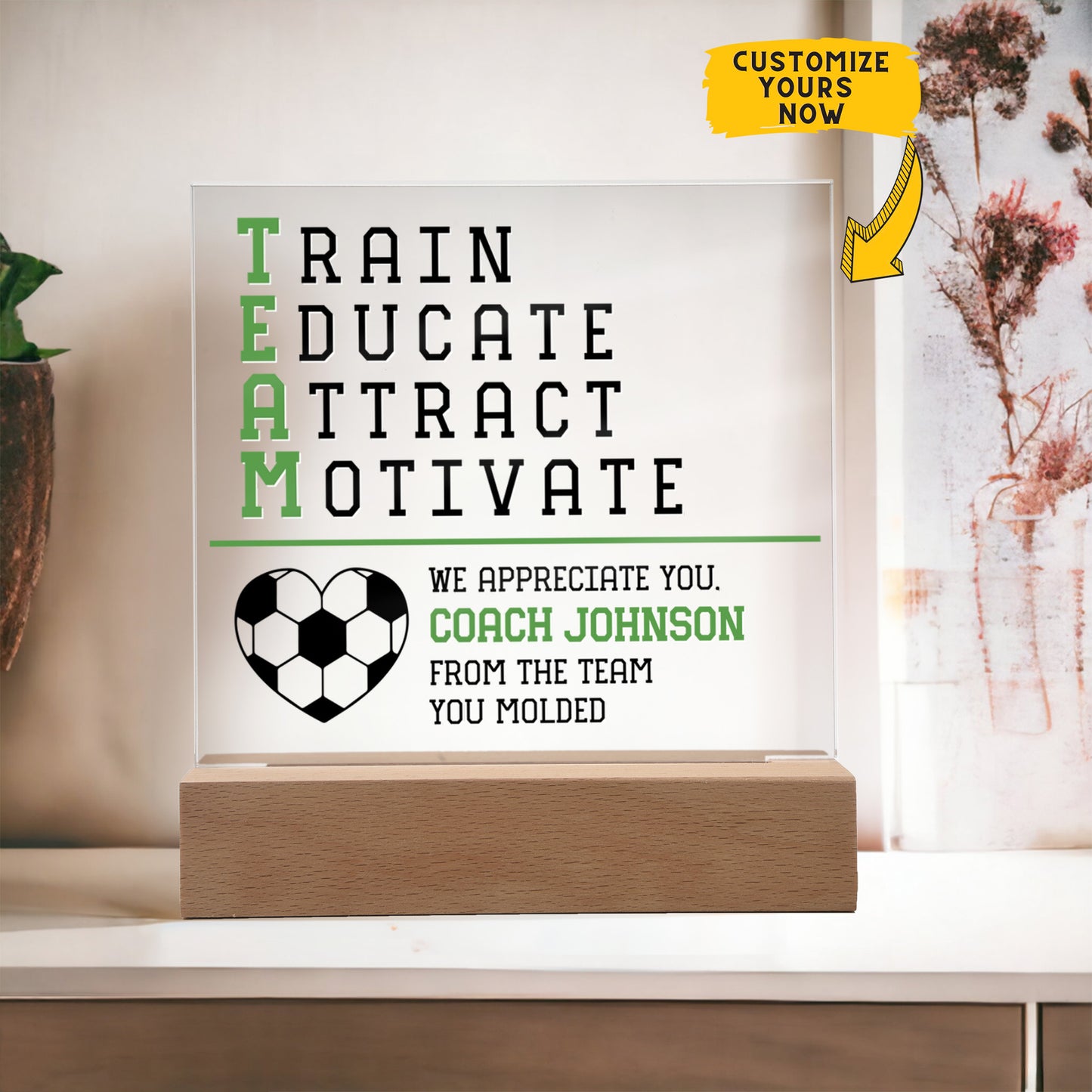 Personalized Train Educate Attract Motivate Soccer Coach Acrylic Plaque LED Lamp