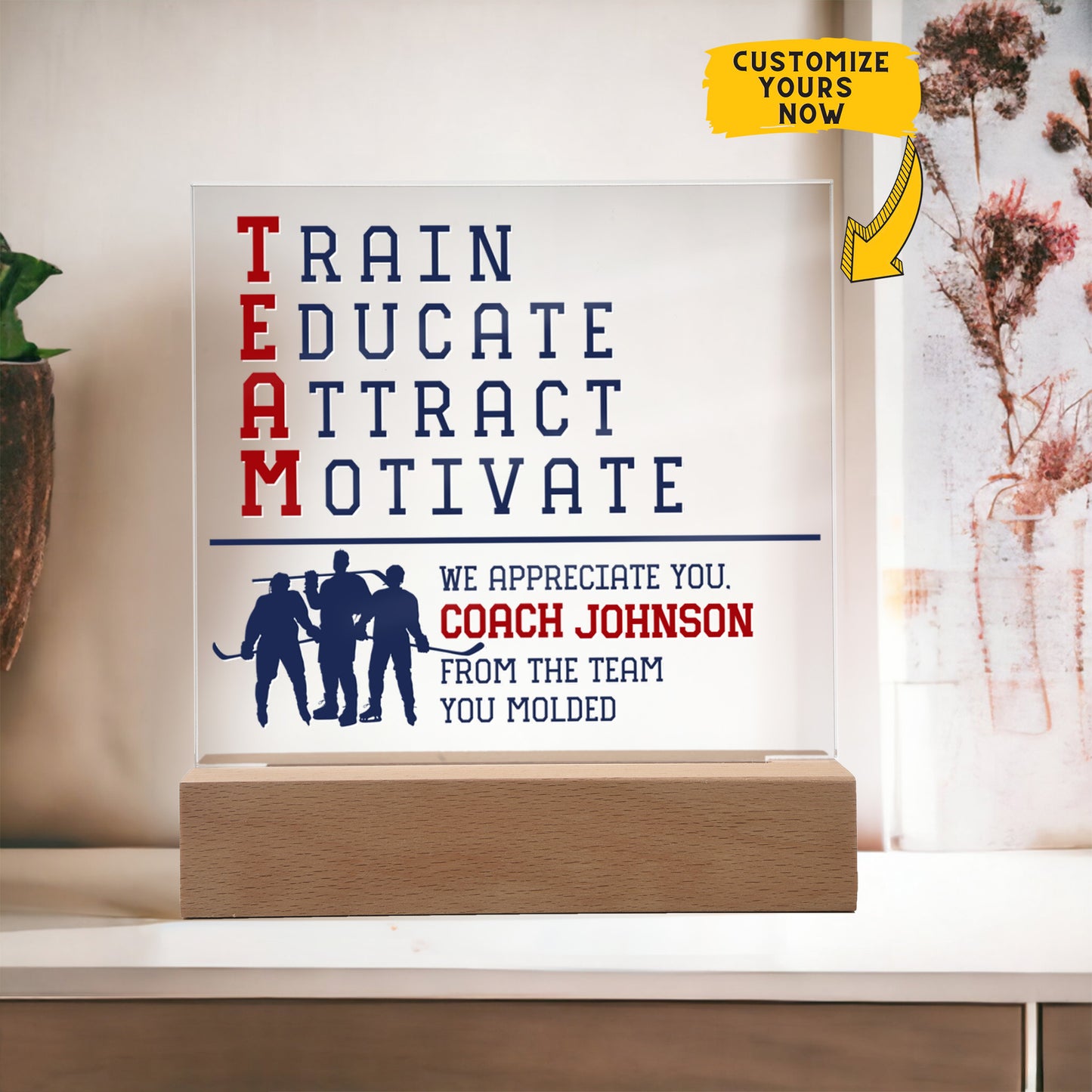 Personalized Train Educate Attract Motivate Hockey Coach Acrylic Plaque LED Lamp