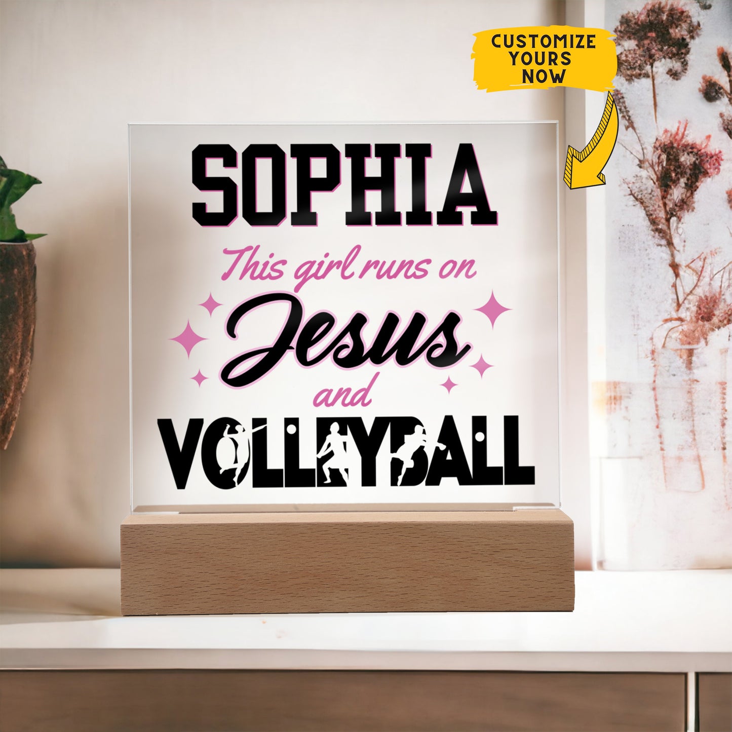 Personalized This Girl Runs On Jesus And Volleyball Acrylic Plaque LED Lamp