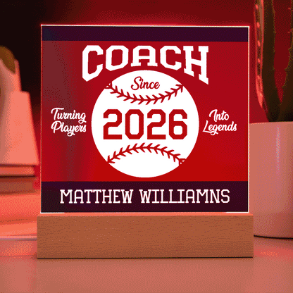 Personalized Turning Players Into Legends Baseball Acrylic Plaque LED Lamp